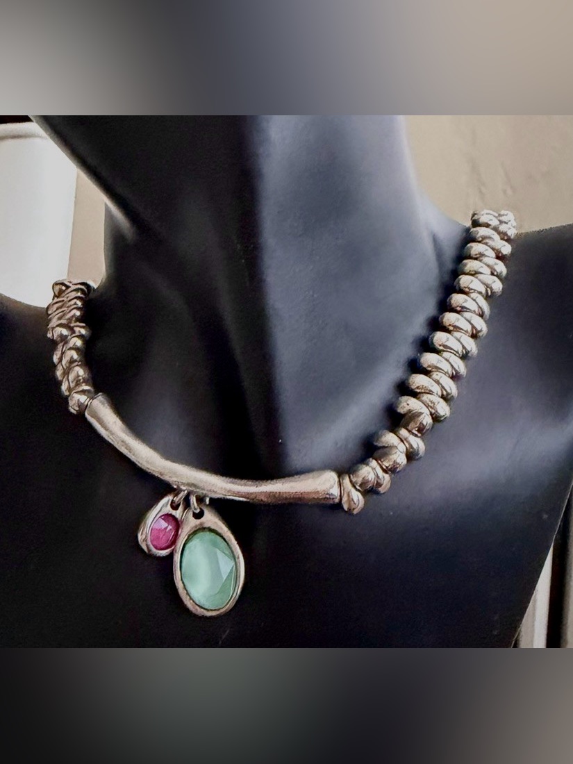 Uno De 50 Silver-Tone Necklace With Pink And Light Teal Stones
